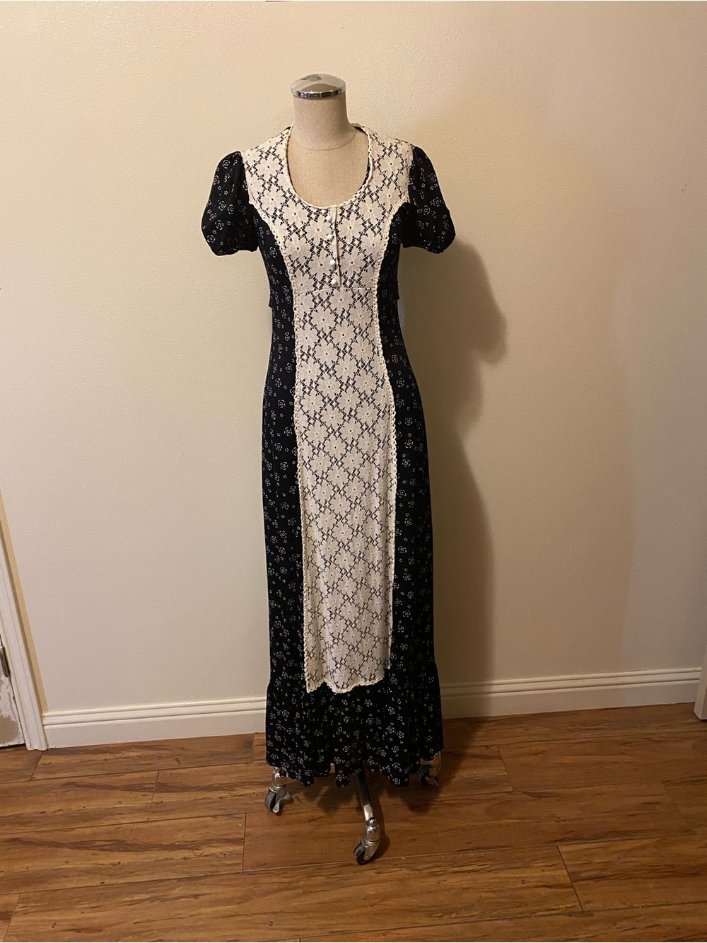 Vintage 70’s Prairie, Hippie, Boho Black & Cream Lace-Front Maxi Dress BURG’NDYE